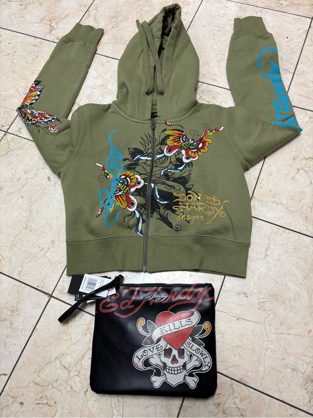 Ed Hardy Olive Zip-Up Hoodie with Graphic Design and Wristlet Lot